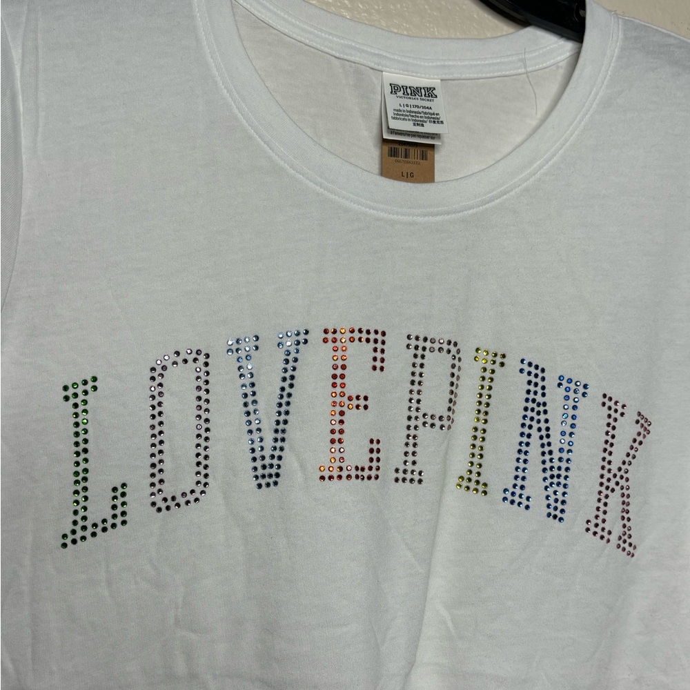 🇺🇸 Victoria Secret Pink White Top With Multicolored Rhinestone Lettering - Picture 3 of 4
